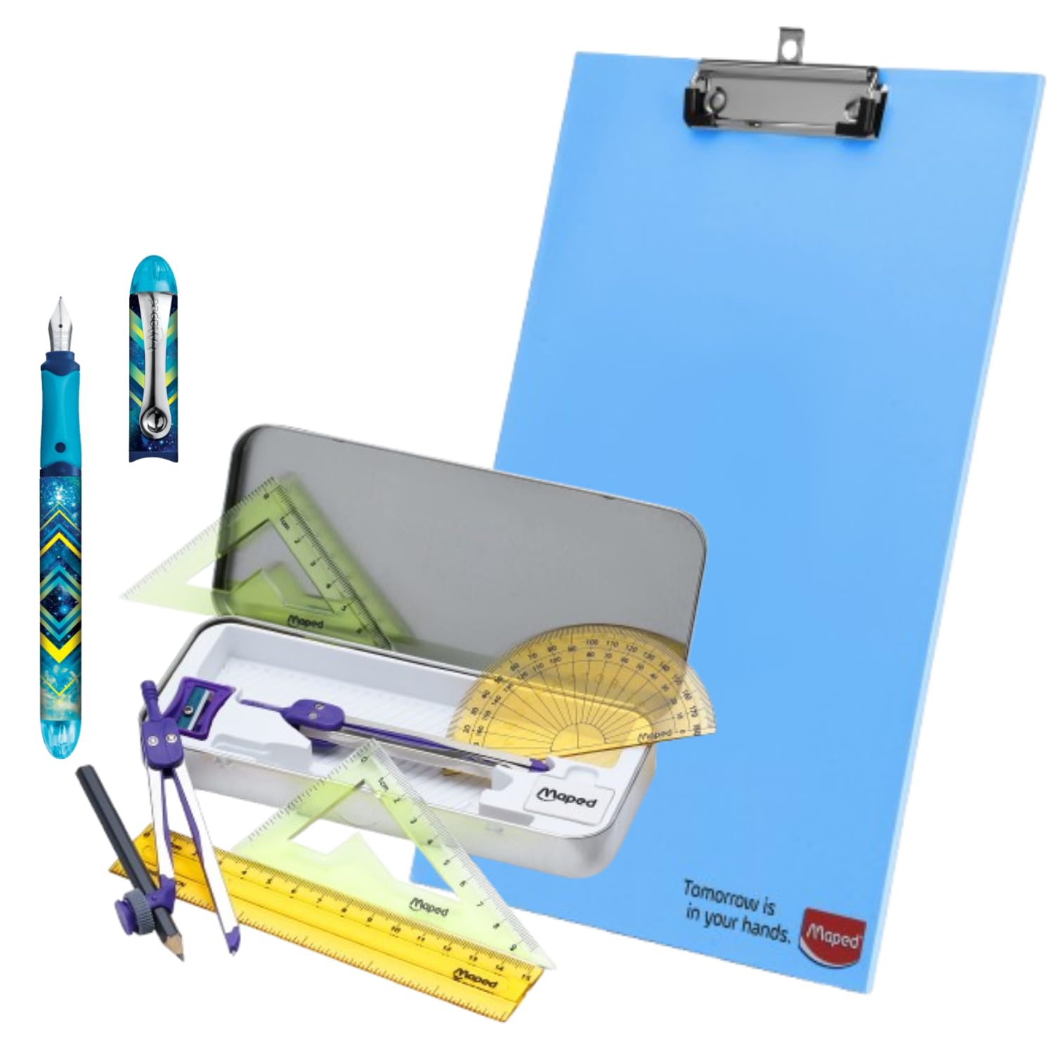 Maped StudyMate - Set di 3 compasso, 9 pezzi, con portablocco in MDF color pastello e penna stilografica, set completo di studio per esami scolastici e studenti, ideale per disegnare, redigere e