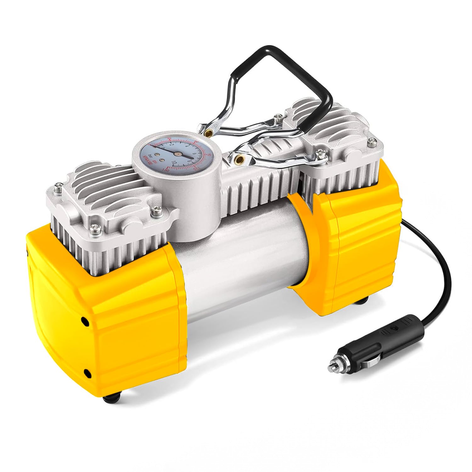 AVILIA - Compressore Aria Portatile 12V 200W con Presa Accendisigari Auto - Manometro Integrato - Ugello Universale con 3 Adattatori - Cavo 2,75m - Mini Compressore per Auto, Moto, Bici, Palloni