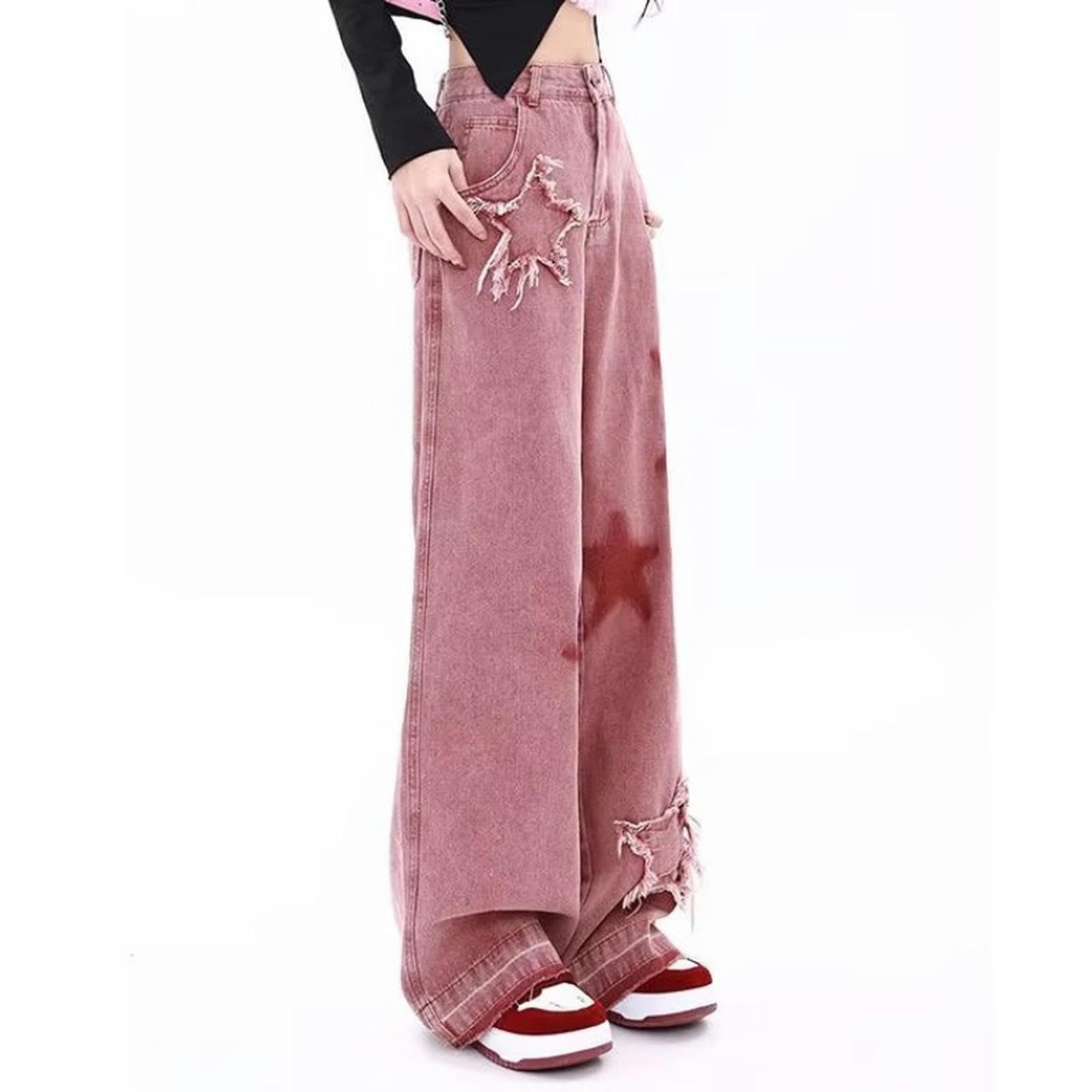 Jeans Ricamati con Stella retrò da Donna, da Indossare Presto con Pantaloni Larghi a Vita Alta