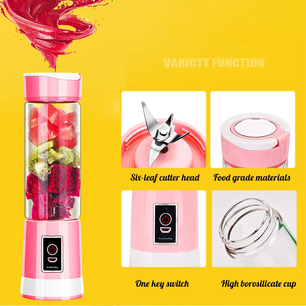 Przenośny blender USB do ładowania, blender smoothie z trwałym szkłem i 2 pokrywkami, mini blender do soków owocowych i koktajli mlecznych, 500 ml/sześć ostrzy 3D, czerwony