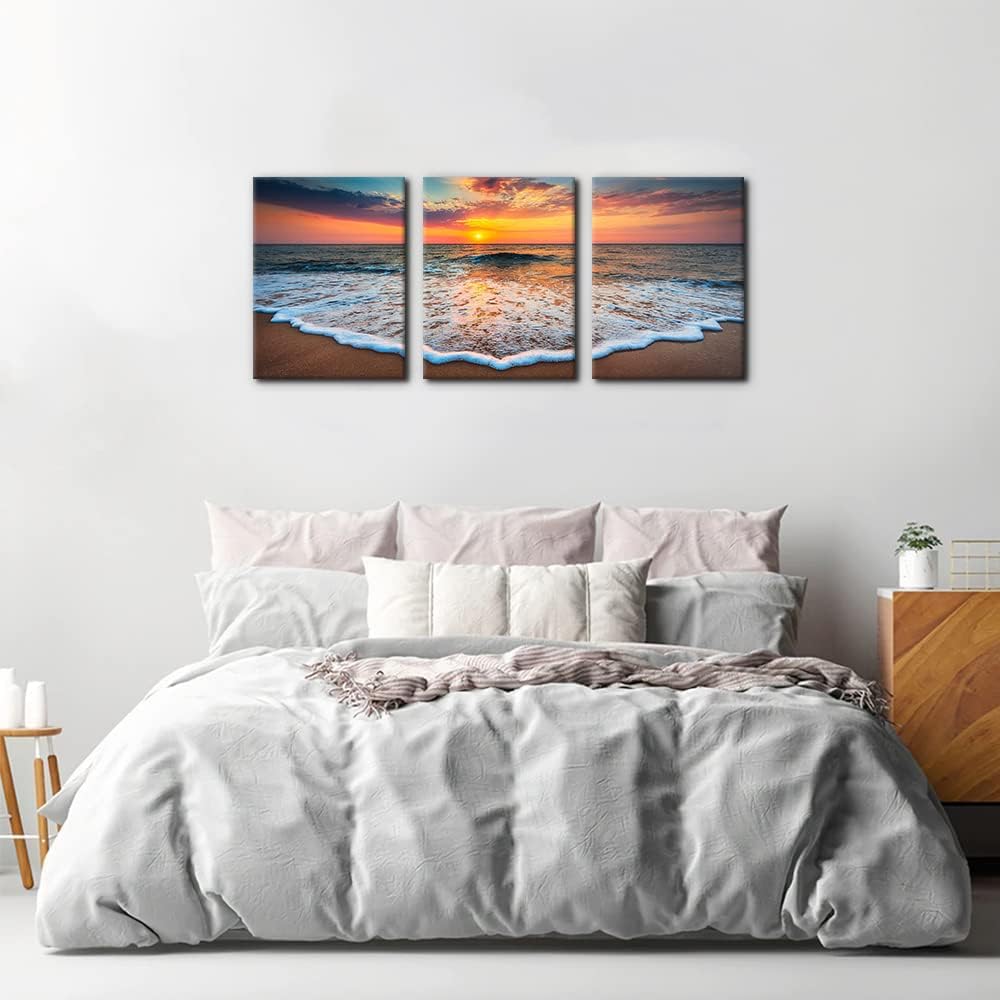 Pacimo 3 Pieces Wall Art Decor Beach Canvas Print Picture Sunrise Ocean Waves Scenery Painting Artwork for Office Wall Decor Home Decoration Stretched and Framed Ready to Hang - 12" x 16" x 3