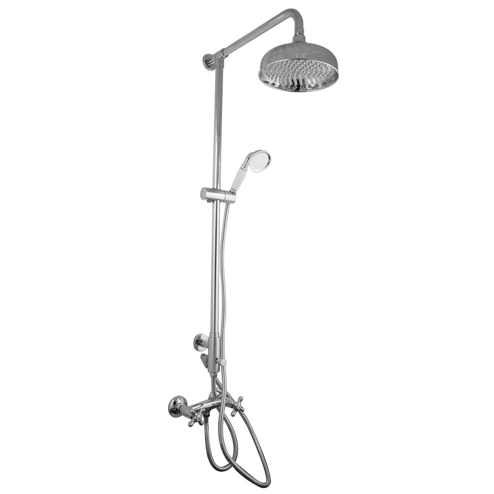 Sistema de Ducha Nostálgico con Grifo, Latón Cromado, Cabezal Ø 20 cm, Montaje en Pared, Bohrloque 97-127 cm