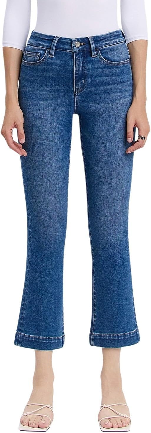 VERVET Women's High-Rise Trouser Hem Cropped Kick Flare Jeans
