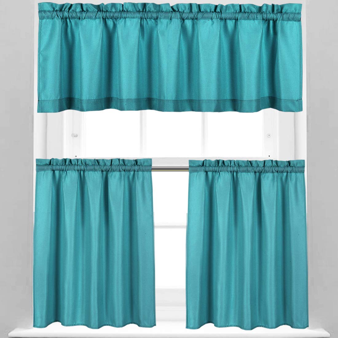 Valea Home Waterproof Kitchen Curtains Set for Bathroom Window, Turquoise, Valance + Tiers 24 inch Length