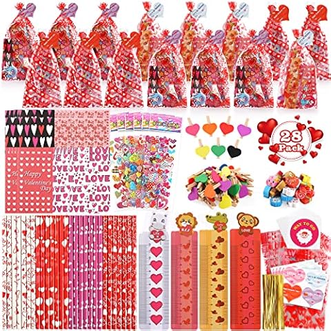 Valentines Day Gifts for Kids 28 Pack Assorted Valentines Day Stationery Set, Valentines Cards Valentines Pencils Erasers Notepads, Valentine Treat Bags Goodie Bags Fillers Valentines Favors for Kids Cover