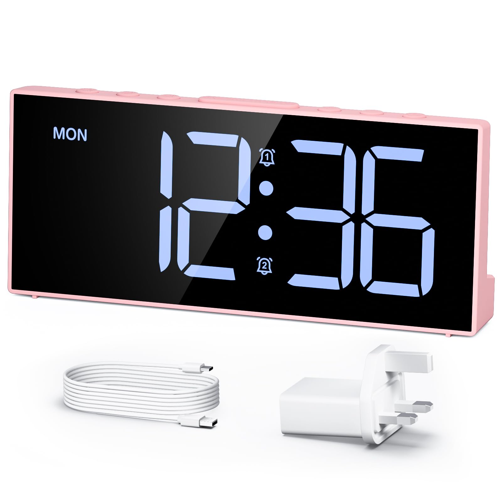 LATEC Alarm Clock, Digital Alarm Clock Bedside Mains Powered with 4 Level Brightness+OFF, 3 Levels of Volume, 2 Alarms, Snooze, USB Port, 3 Alarm Schedules, Clocks for Heavy Sleepers (Incl. Adapter)