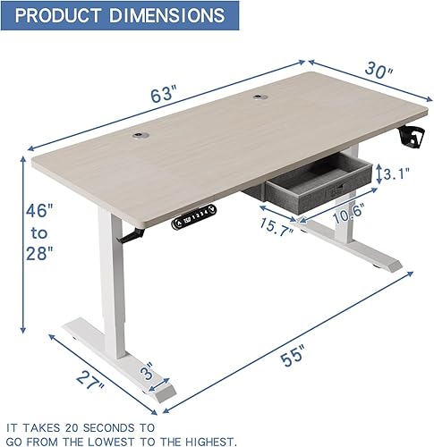 Miniatura 3 de bilbil Escritorio eléctrico de pie de 63 x 30 pulgadas con cajón, escritorio de altura ajustable con 4 tablas de empalme, escritorio de oficina en