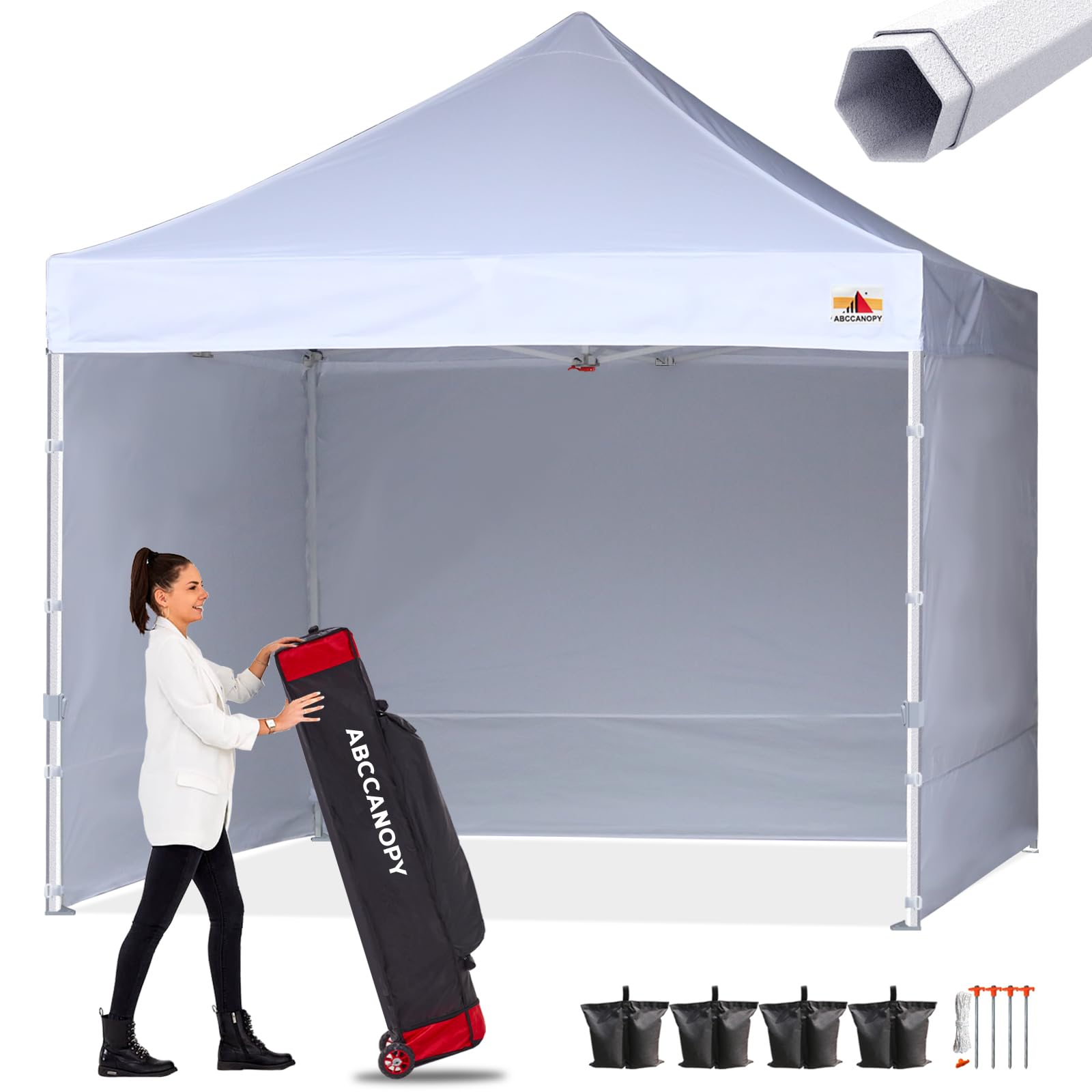 ABCCANOPY 10x10 ft Pop Up Canopy Tent Commercial Instant Outdoor Canopy Premium-Series with 3 Sidewalls and Hexagonal Legs, White