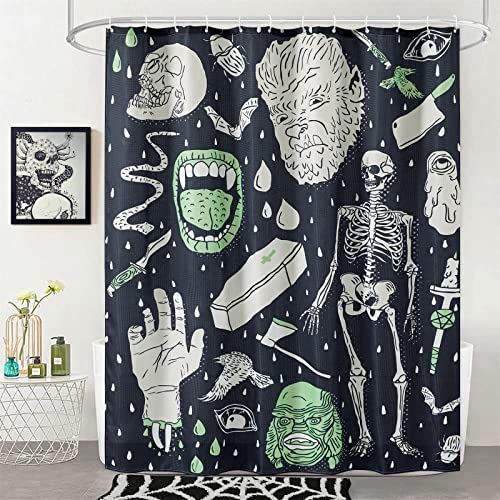 Estmy Vintage Halloween Shower Curtain Set Black Heavy Duty Waffle Fabric Creepy Gothic Skeleton Skulls Bats Fun Cute Halloween Shower Curtains with Hooks Scary Spooky Horror Bathroom Decor