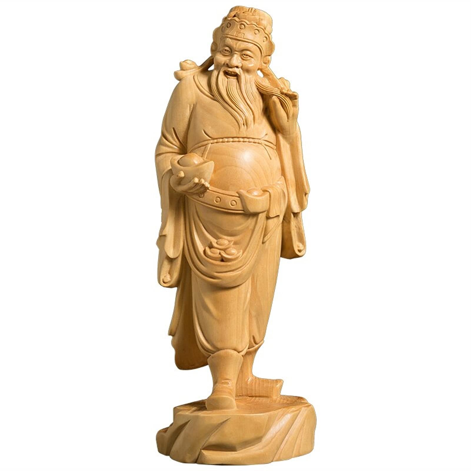 SBCGFY Creative Design God Of Wealth Buddha Solid Wood Carving Crafts Character Sculpture Carving Feng Shui Decoration Indoor Statue