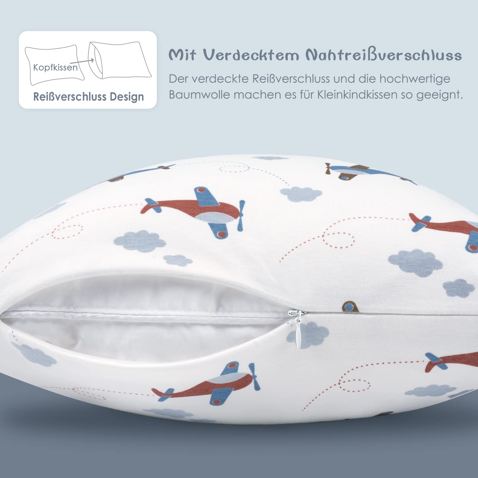 Fittia Morbida federa per cuscino per bambini, 40 x 60 cm, in cotone biologico per passeggino, confezione da 2 con chiusura lampo nascosta, Aereo