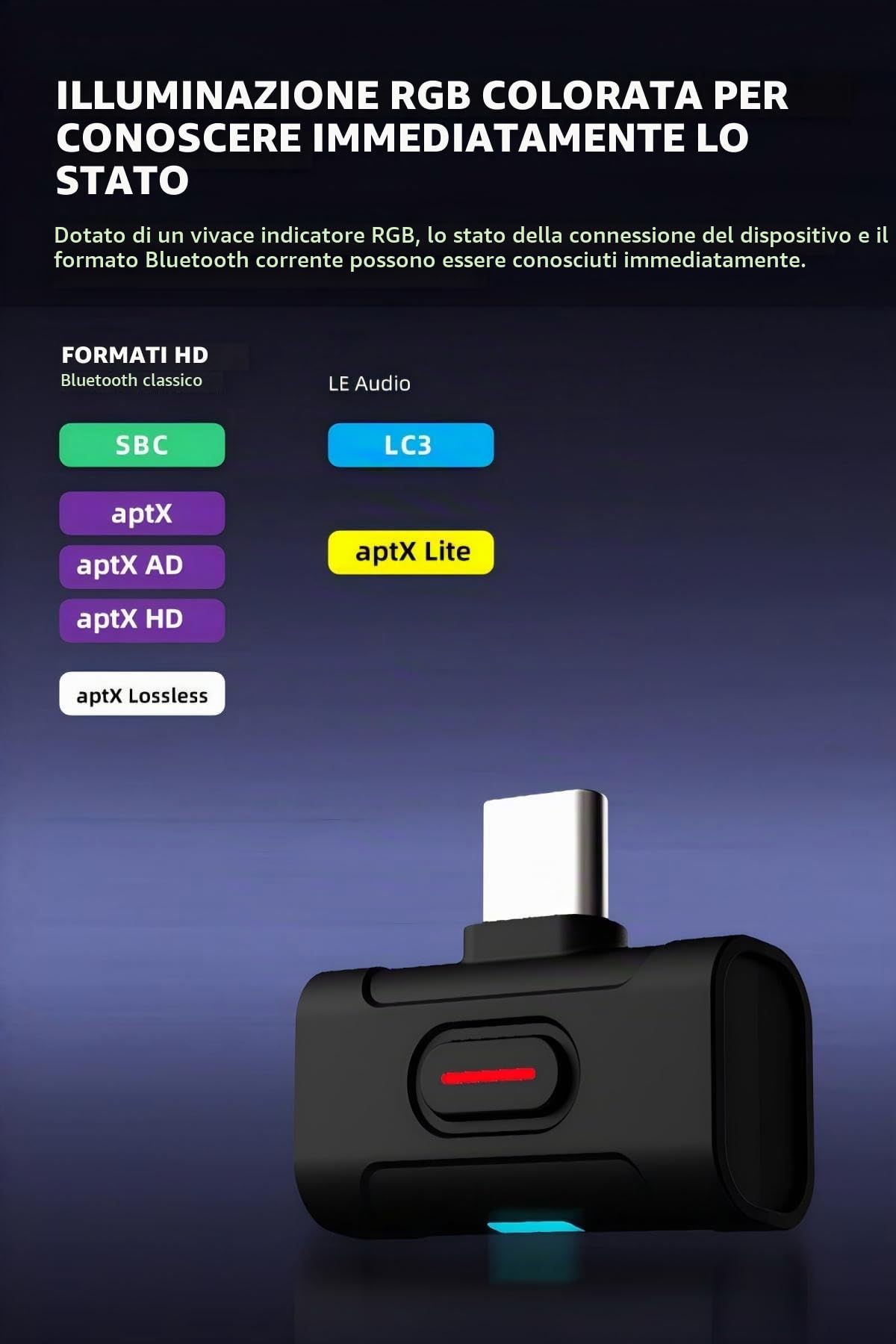 xDuoo MX-C1 Hi-Res Bluetooth 5.4 Trasmettitore USB-C - Supporta SBC/aptX/aptX HD/aptX Adaptive/LE-AUDIO/LC3/aptx Lite, adattatore Bluetooth a bassa latenza per PC/Smartphone/Tablet/PS5/Switch