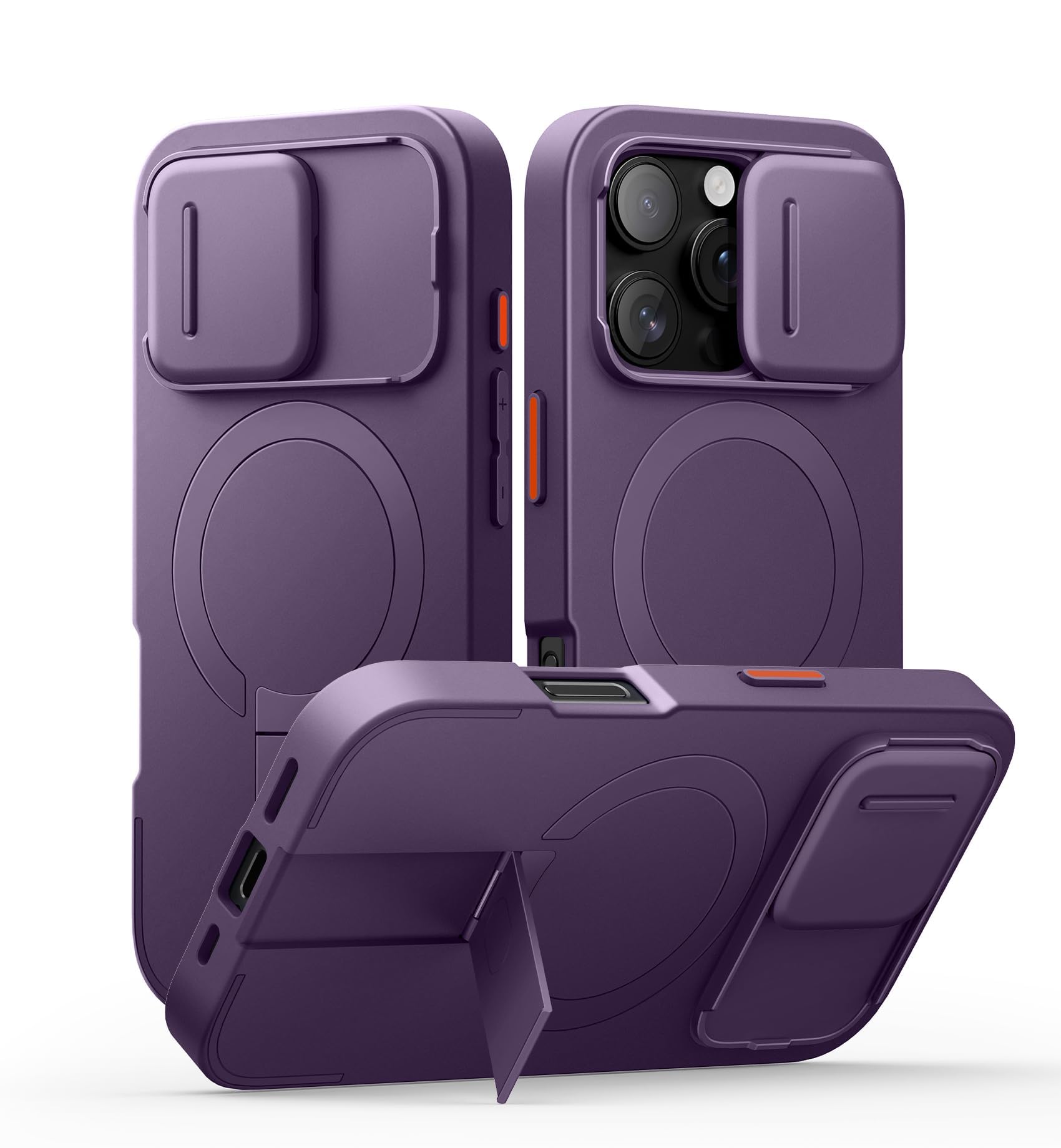 SURITCH Etui magnetyczne, kompatybilne z iPhone 16 Pro, odporne na uderzenia etui na telefon, odporne na zarysowania, etui ochronne z przesuwaną osłoną aparatu i regulowaną podstawką (fioletowe)
