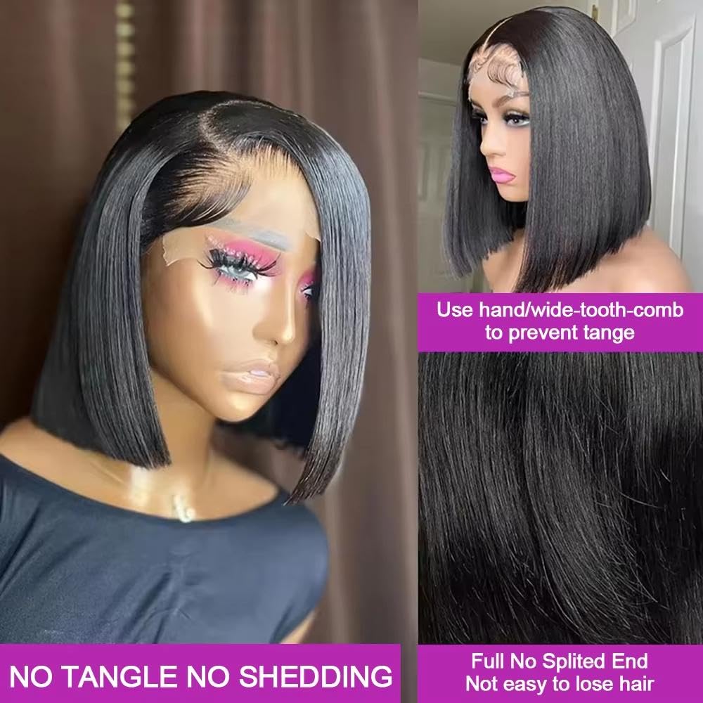 Haarpflege Transparente HD-Spitze-Frontal-kurze Gerade Bob-Perücke Leimloses Echthaar 250% Dichte Für Frauen(13x4,250%_10INCHES)