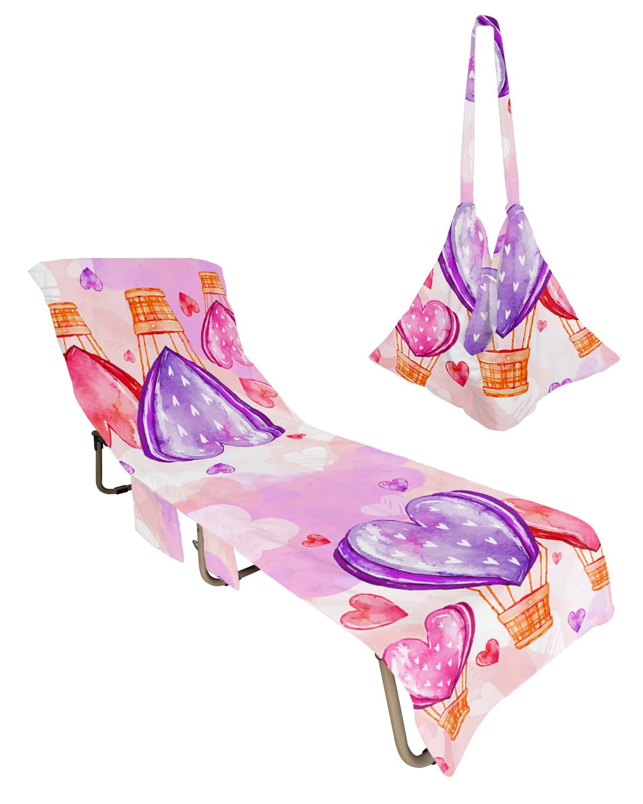Colorful Love Beach Chair Towel Covers for Chaise Lounge with Side Pocket, Soft Plush Pool Towels Cover for Patio Sunbathing Outdoor 29''x85'' Valentine's Day Watercolor Heart