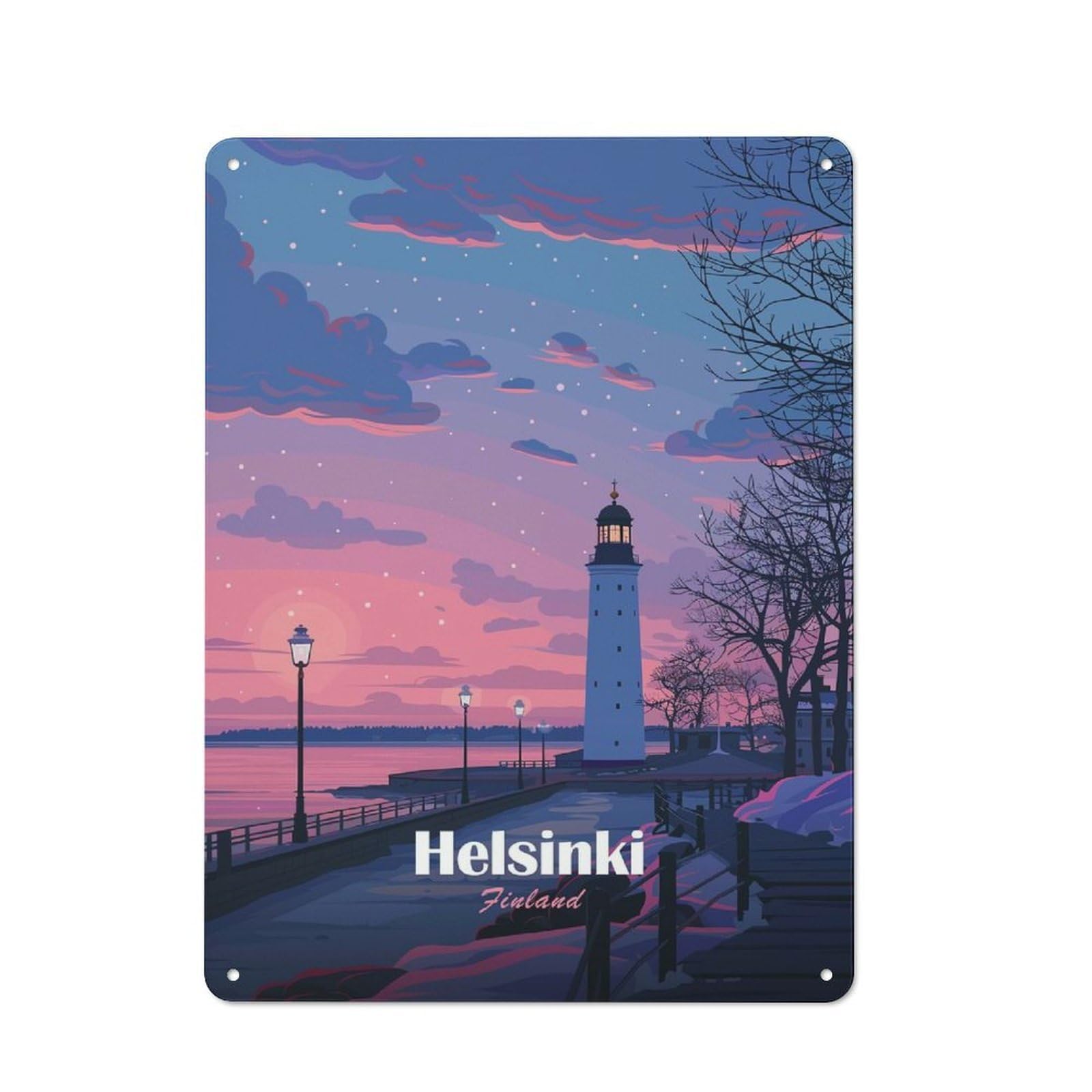 Junmoney Style-12 Helsinki Lighthouse At Sunset Printed Metal Sign 40X30cm For Pub Or Café, For Everyday Room Decor With A Retro Look