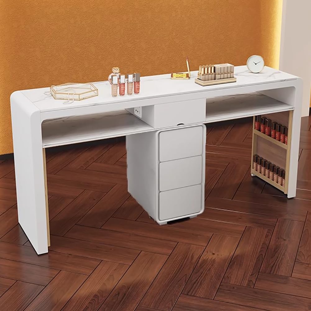 Nowoczesny profesjonalny stół do manicure drewniany ze szklaną górną szufladą i otwartym schowkiem meble salon piękności stacja robocza czarny 162 cm