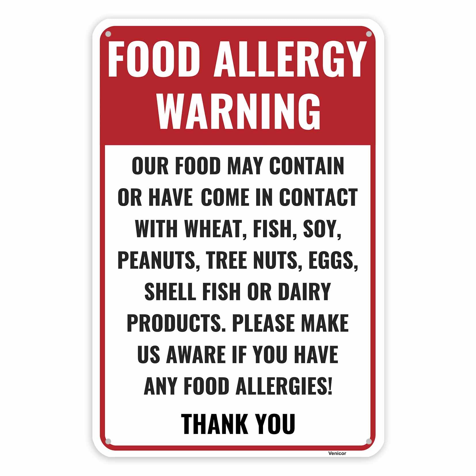 Food Allergy Aluminum Sign, Restaurant Warning Plaque, 12x8 Inch