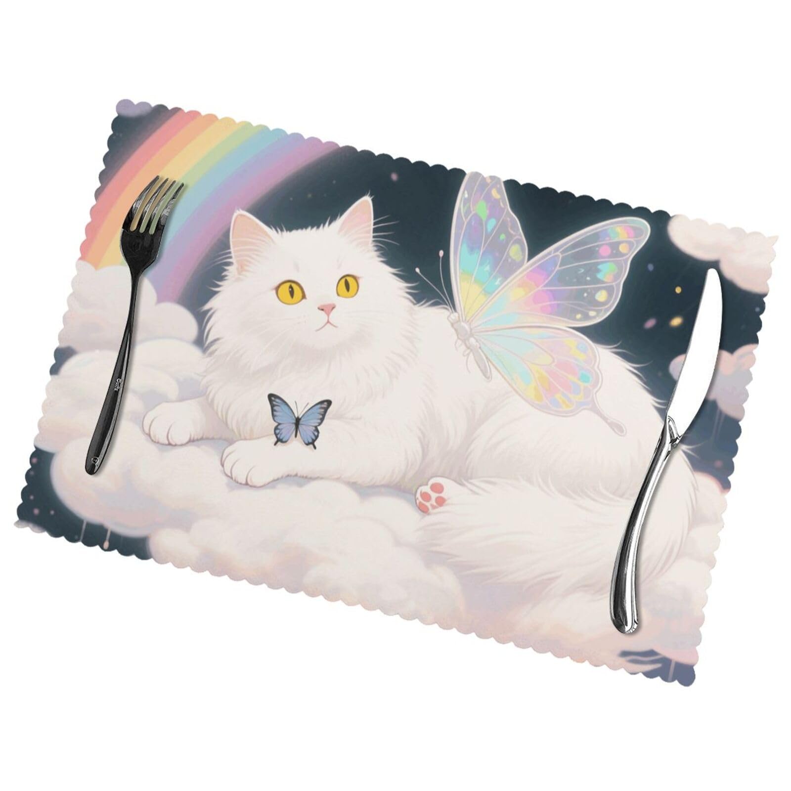 12x18 Inchplacemats Set of 6, Cat Butterfly Place Mats for Kitchen Dinning, Heat Resistant Anti Slip Table Mats, Waterproof Washable Placemat for Indoor Outdoor Party Kitchen Dining Table Décor