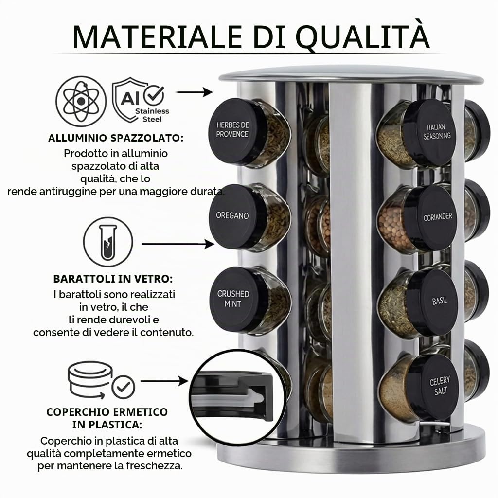 edihome, Porta Spezie per Cucina, Girevole, 360º, 16 Barattoli di Spezie, con Coperchi e Dispenser Individuali, Organizer, con Etichette per Barattoli