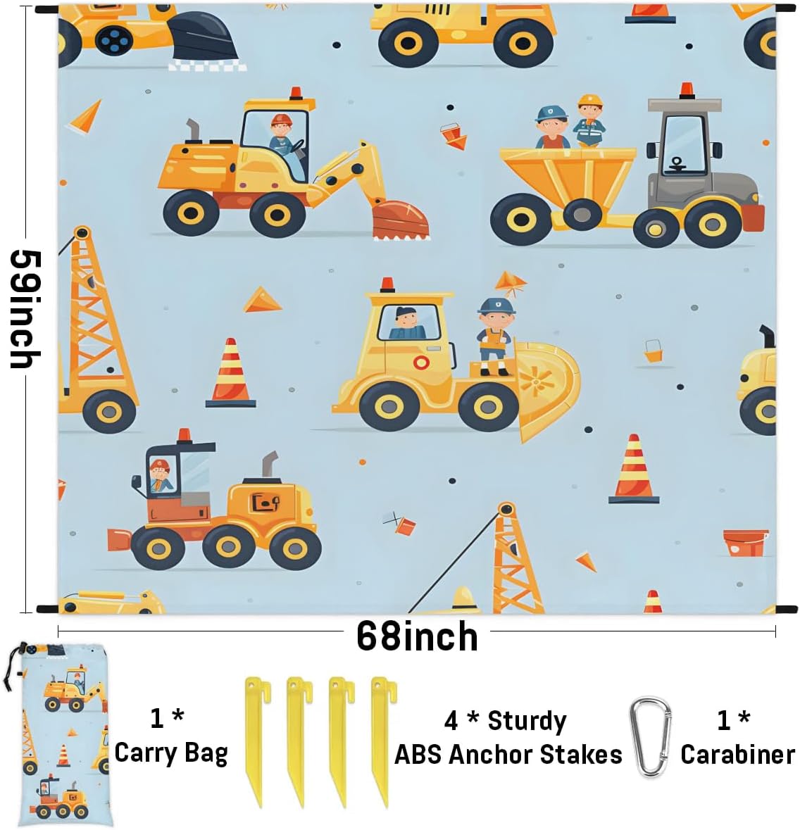 Honeybaby Beach Blanket Waterproof Sandproof Excavator Working Beach Mat Sand Free 59''×68'' Lightweight Portable Outdoor Blanket for Picnic Camping Travel Hiking