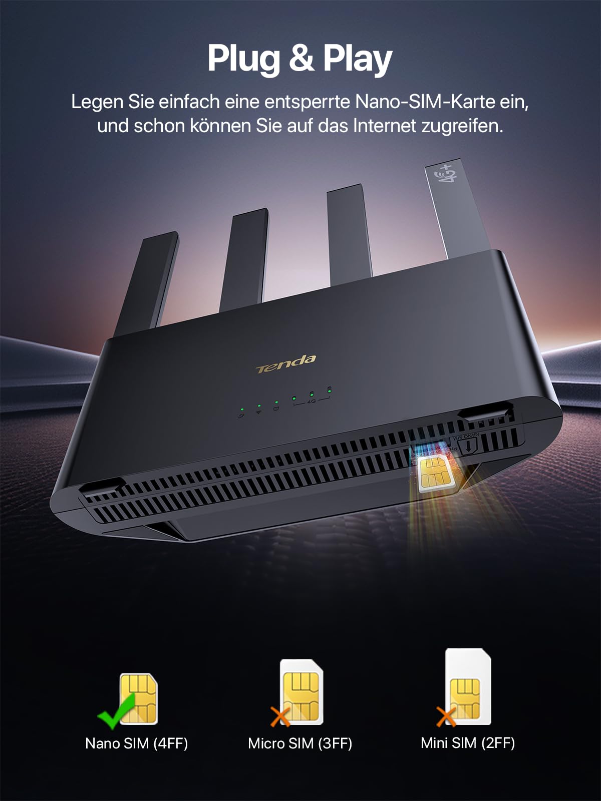 Tenda 4G08 4G08 Router 4G+ SIM, AC1200 CAT6 dwuzakresowy router do 300 Mb/s, router Nano SIM z 4 antenami zewnętrznymi, port Gigabit LAN/WAN, OpenVPN, MU-MIMO, Mesh Wi-Fi+, Plug & Play