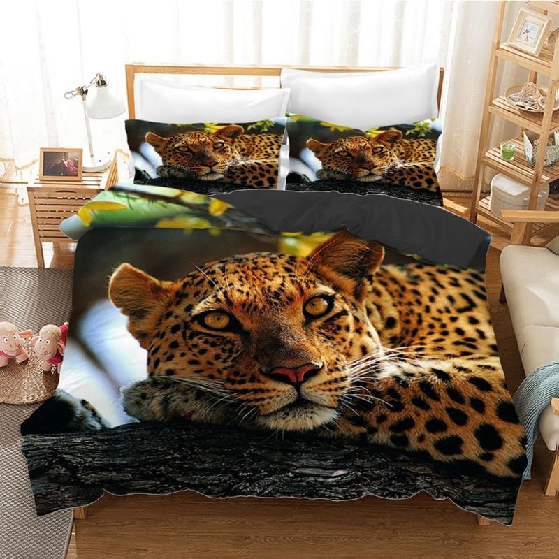 Housse de Couette 220x240 Léopard en microfibre avec 2 taies d'oreiller pour lit double