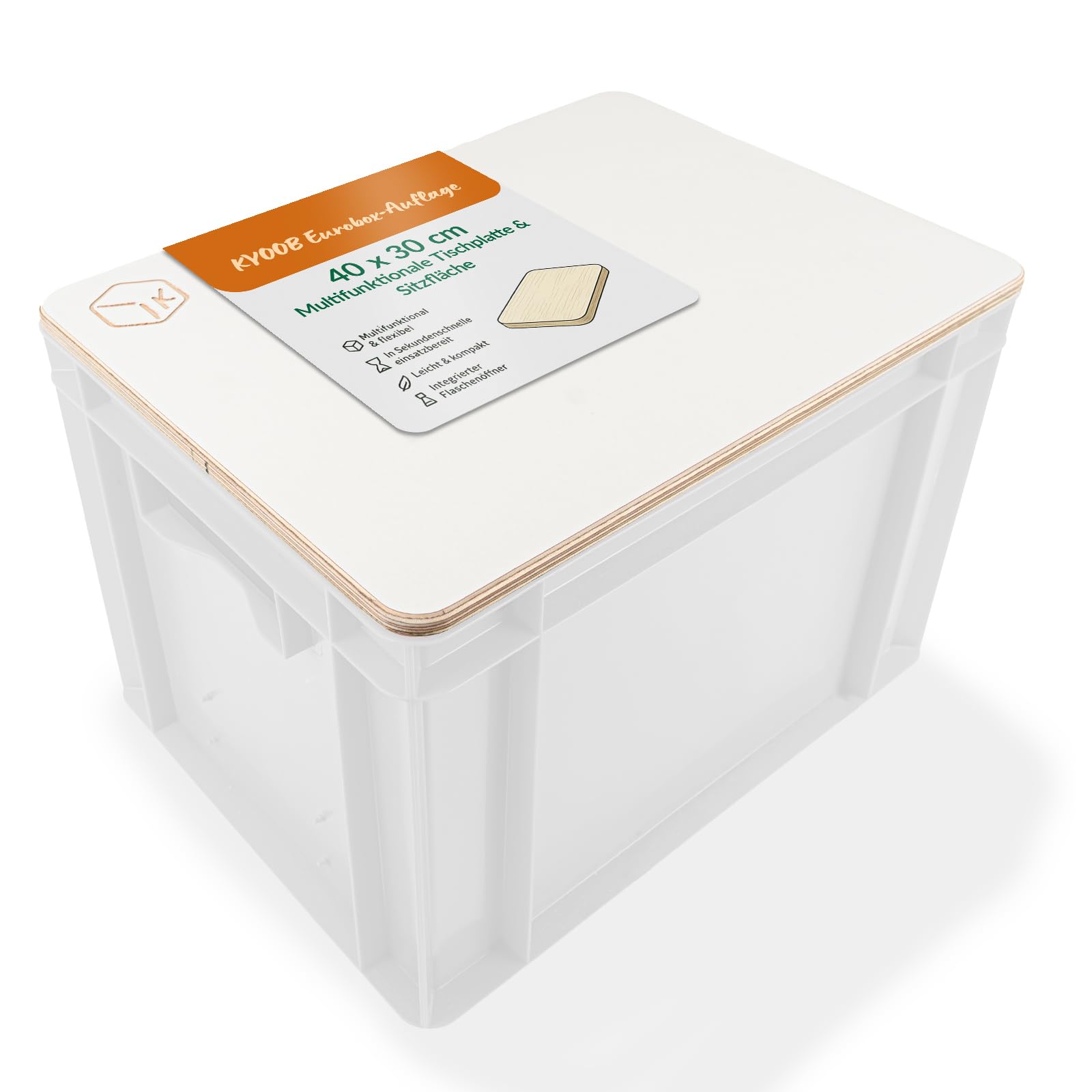 KYOOB Eurobox-Auflage 40x30 cm – multifunktionale Tischplatte & Sitzfläche - Weiß | Abdeckung für Euroboxen mit integriertem Flaschenöffner | leicht, stabil & ideal für Camping & Outdoor