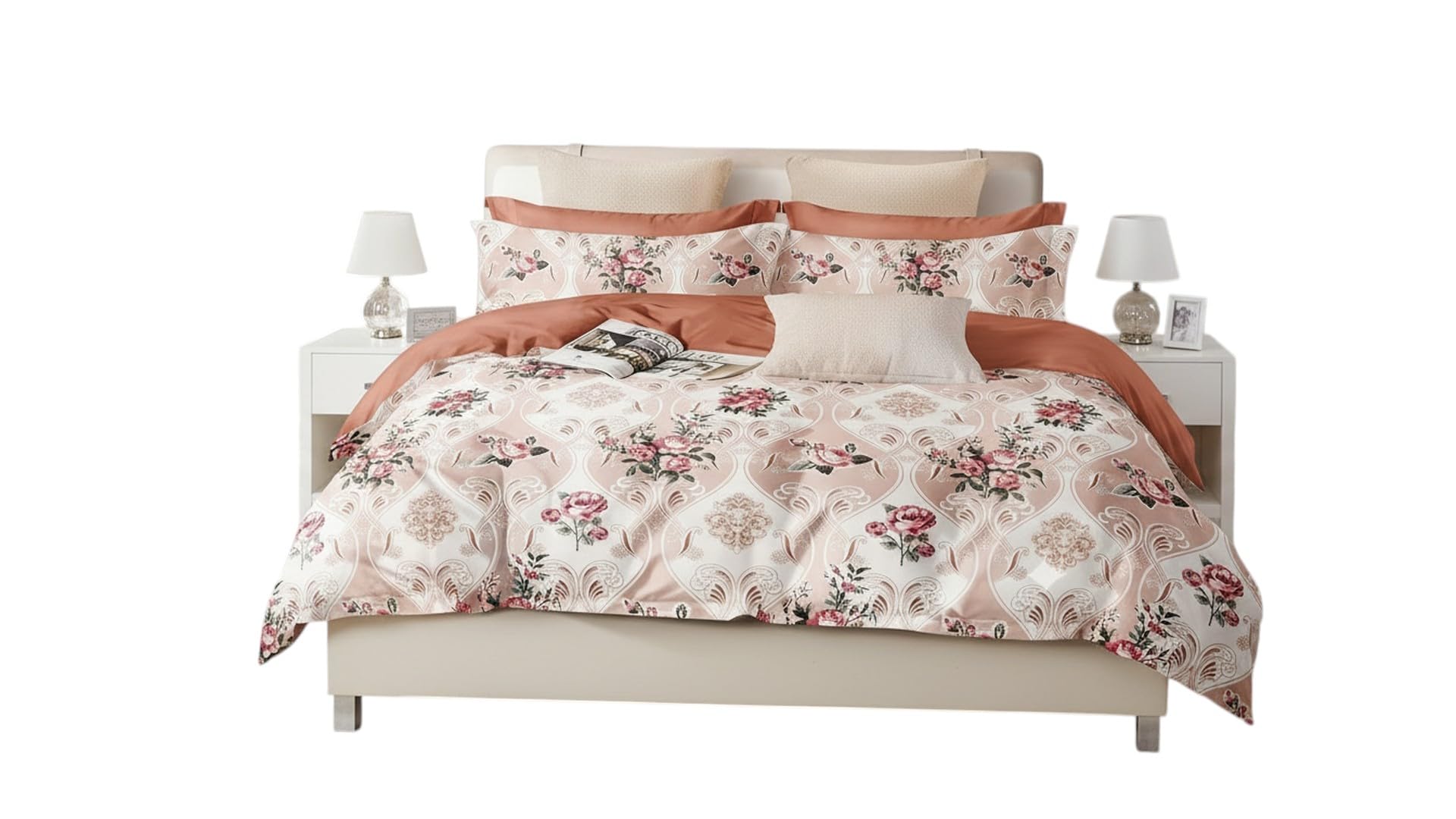 Floral Rose Print Bedding Set with Pillow Covers, Pink | Damask Pattern, Matching Pillow Covers, Bedroom Decor, Double Bed Size, Soft Fabric-image-20