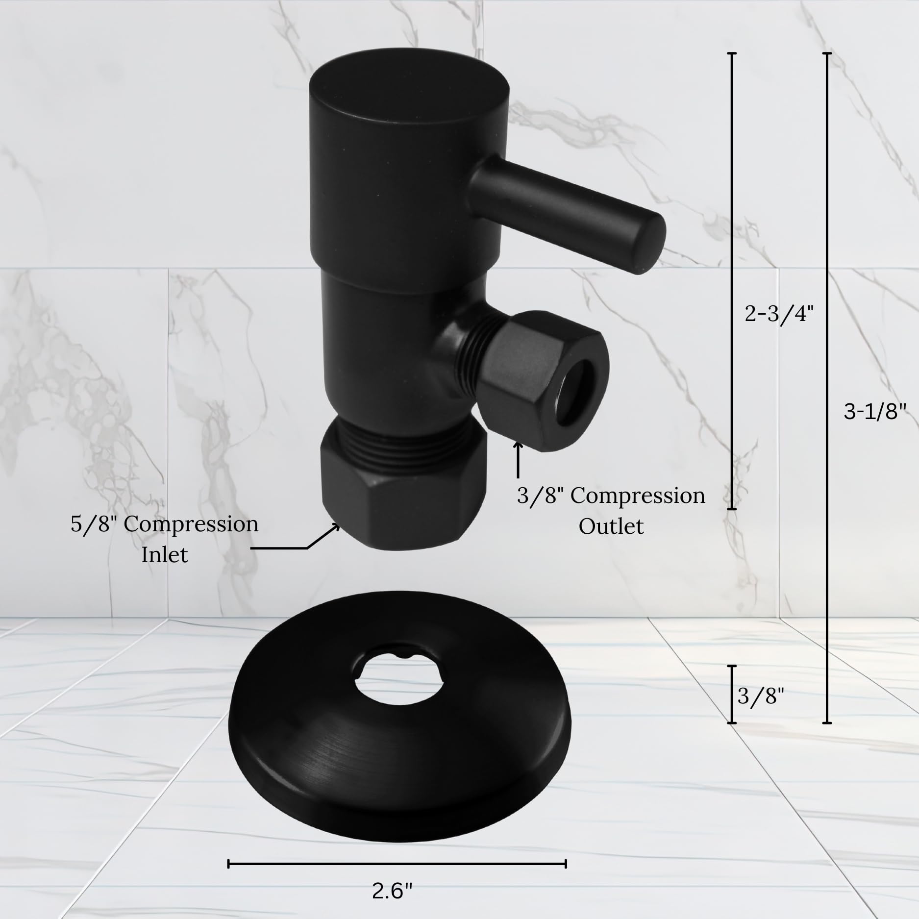Westbrass A105QR-62 - Palanca redonda de 1/4 de giro, tope de ángulo de 1/2 pulgada, cobre x compresión de 3/8 pulgadas, negro mate