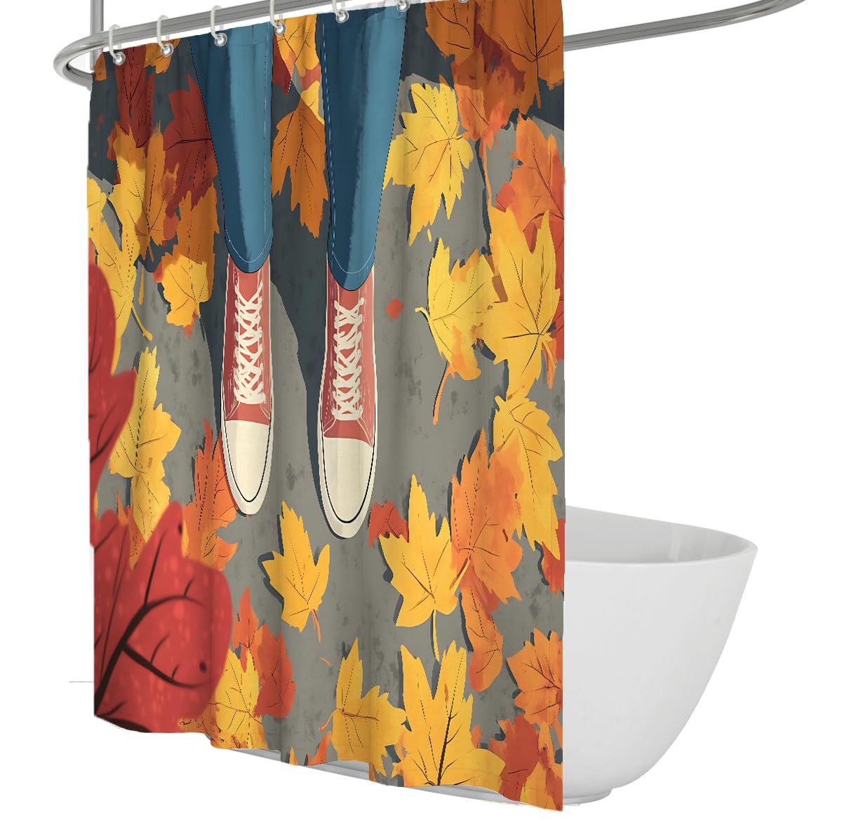 Herbstspuren Badevorhang Orangefarbene gelbe Blätter Gehschuh-Muster Duschvorhang Verspielte Illustration Badewannenvorhang zur Badezimmerdekoration 200 x 240 cm