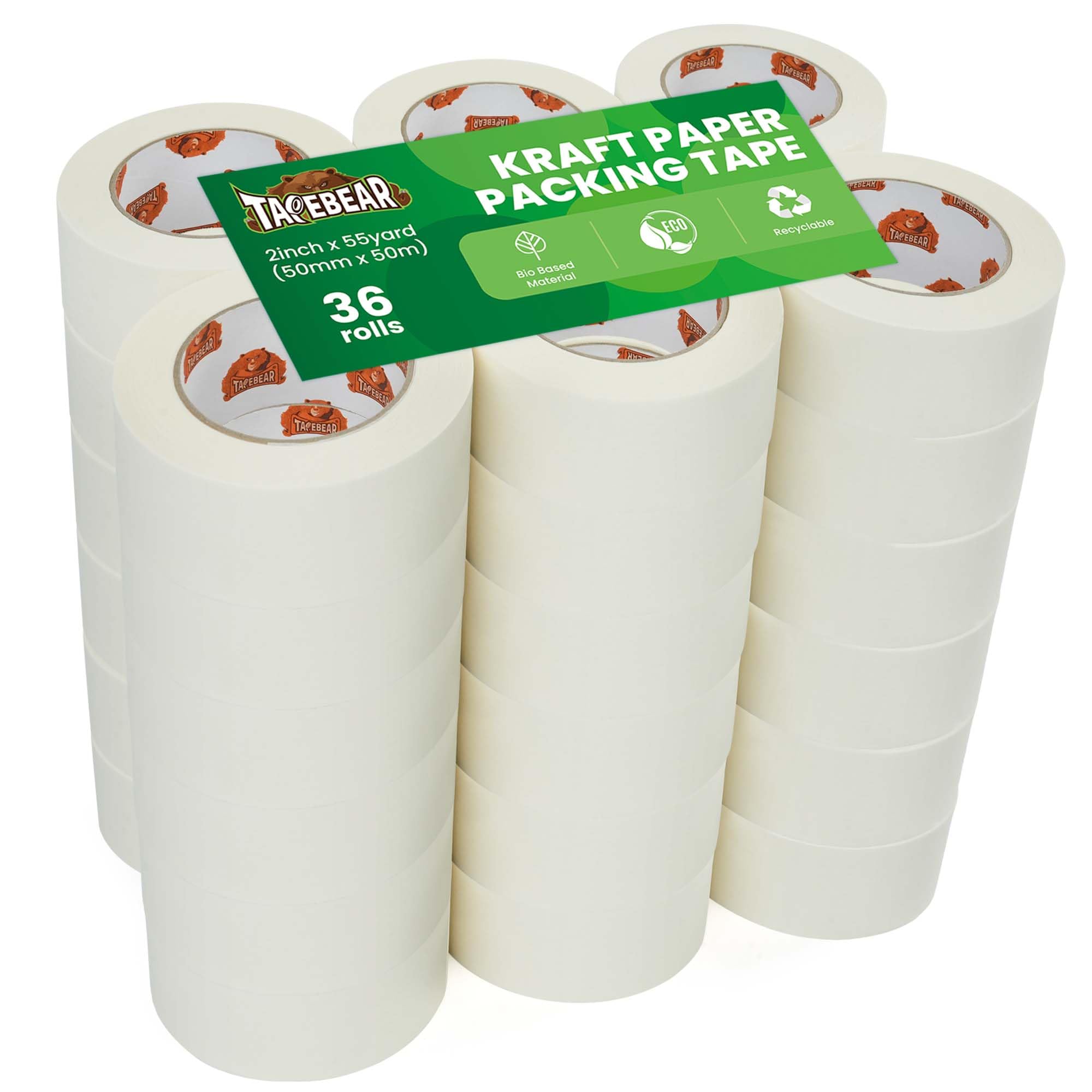 TAPEBEAR Eco-Friendly Kraft Paper Tape 50mm x 50m, White Paper Packing Tape