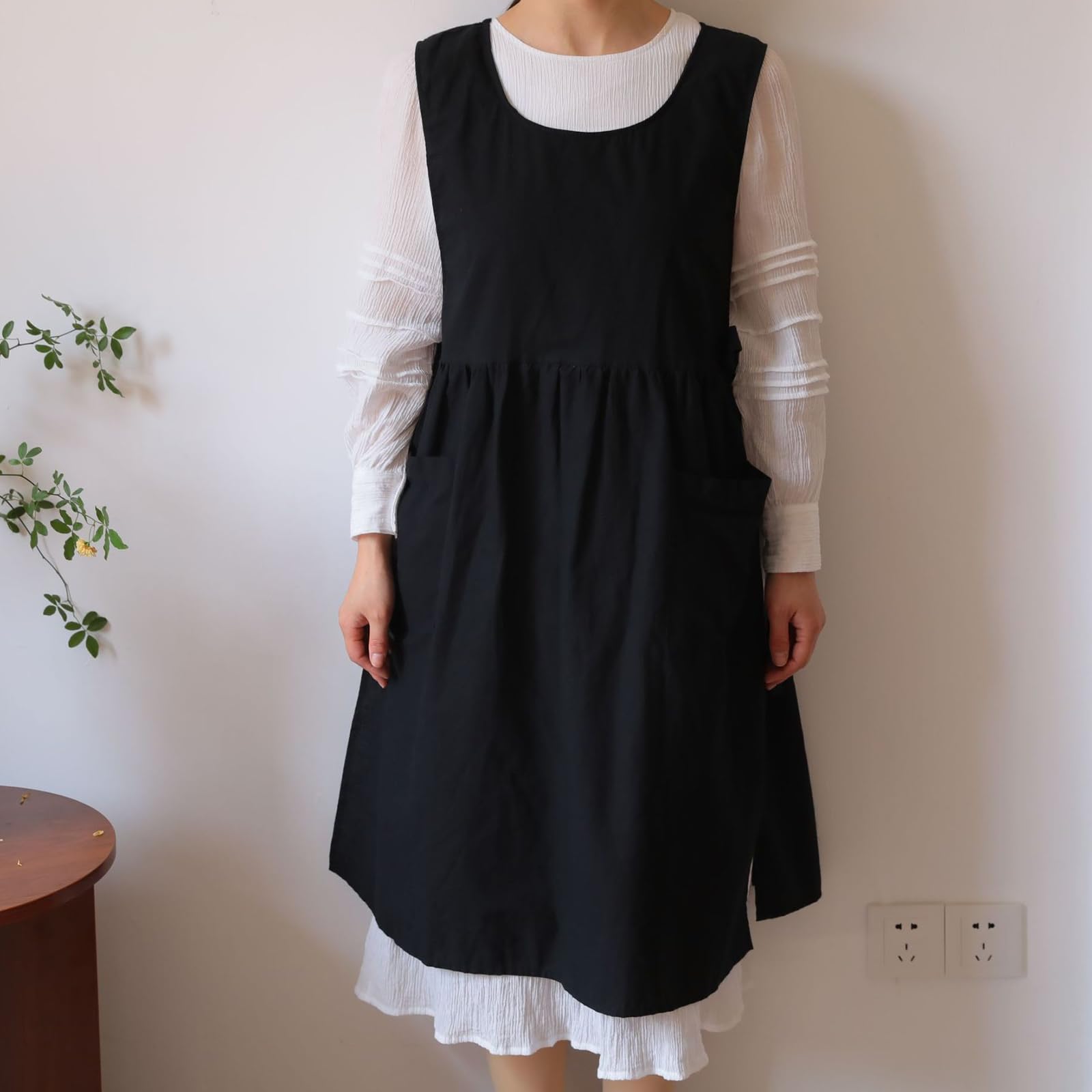 Kookschort Dames Keukenschort Voor Vrouwen Grote Maten Katoenen Schorten Met Zakken Schort Voor Koken Schilderen Huishoudelijk Werk,One Size,Black