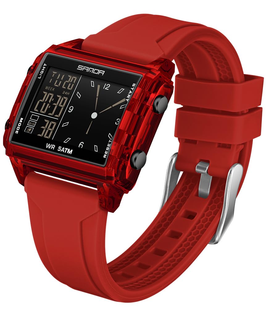 FANMIS Relojes digitales para hombres y mujeres, impermeables, unisex, reloj deportivo digital, cronómetro, alarma de cuenta regresiva, correa de silicona analógica, reloj de pulsera transparente