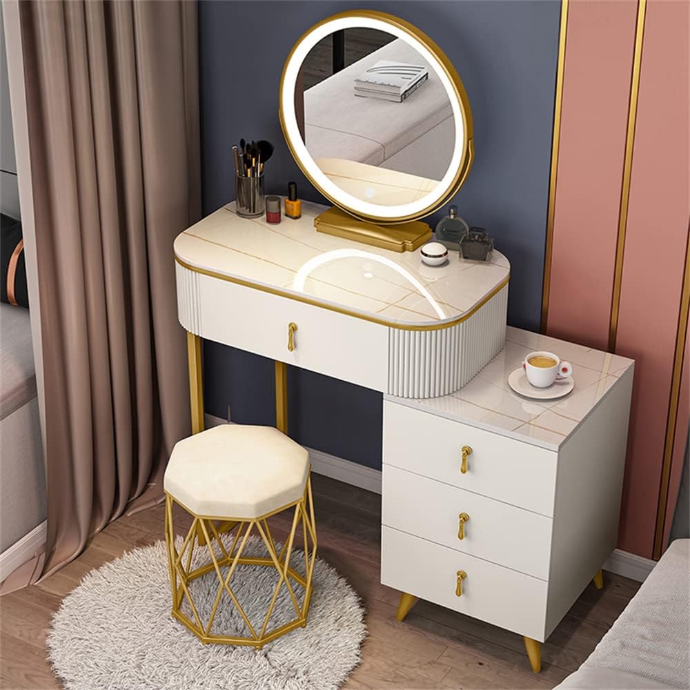 LITFAD Modern Solid Wood Makeup Vanity Desk Lighted Mirror Makeup Vanity Set Nordic Dressing Table with Drawers - Makeup Vanity & Mirror White 31.5" L x 16" W x 30" H