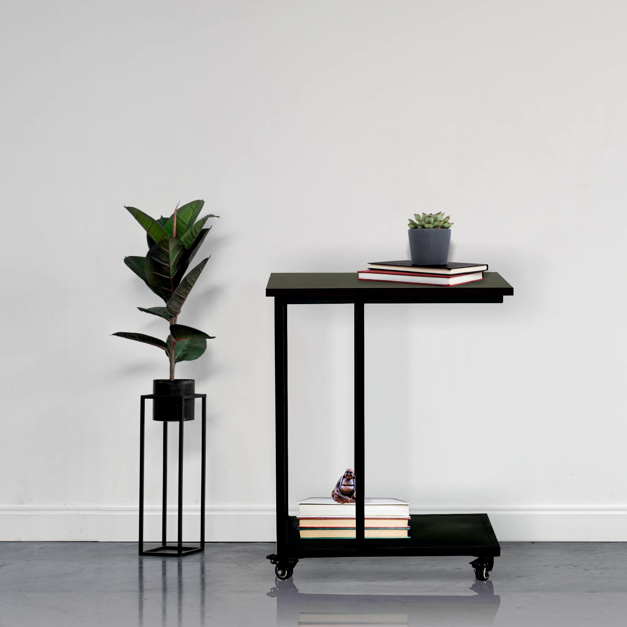 RIGID C - Shape End Table with Wheels | Coffee Table & Sofa Side Table for Living Room | Bedside Table with Metal Frame & Wooden Top | (Black, 55 * 35 * 67.5 cm) - Assembled