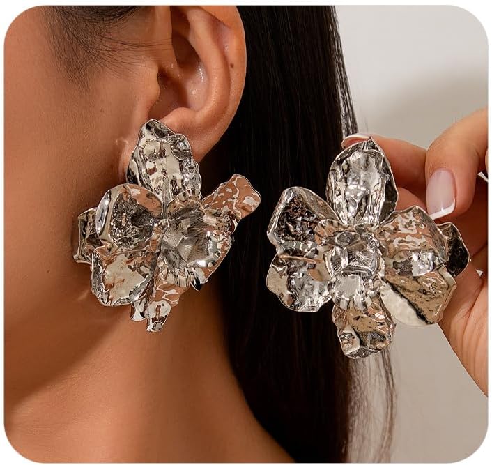 Vintage Statement Large Flower Stud Earrings for Women Boho Gold Metal Flowers Dangle Earrings Chunky Big Floral Drop Earring Jewelry Accessories