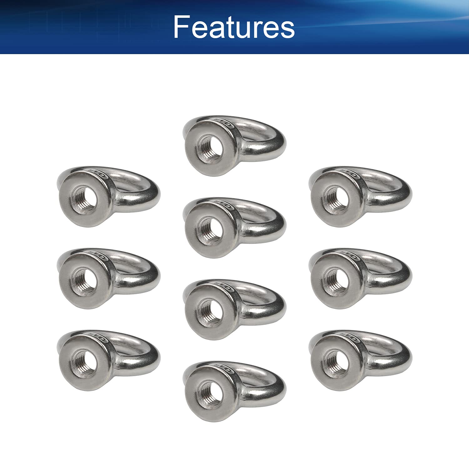 Yinpecly 304 Stainless Steel Lifting Eye Nut M10 Female Thread Round Shape for Rope Fitting Marine Industrial Silver Tone 10pcs 1