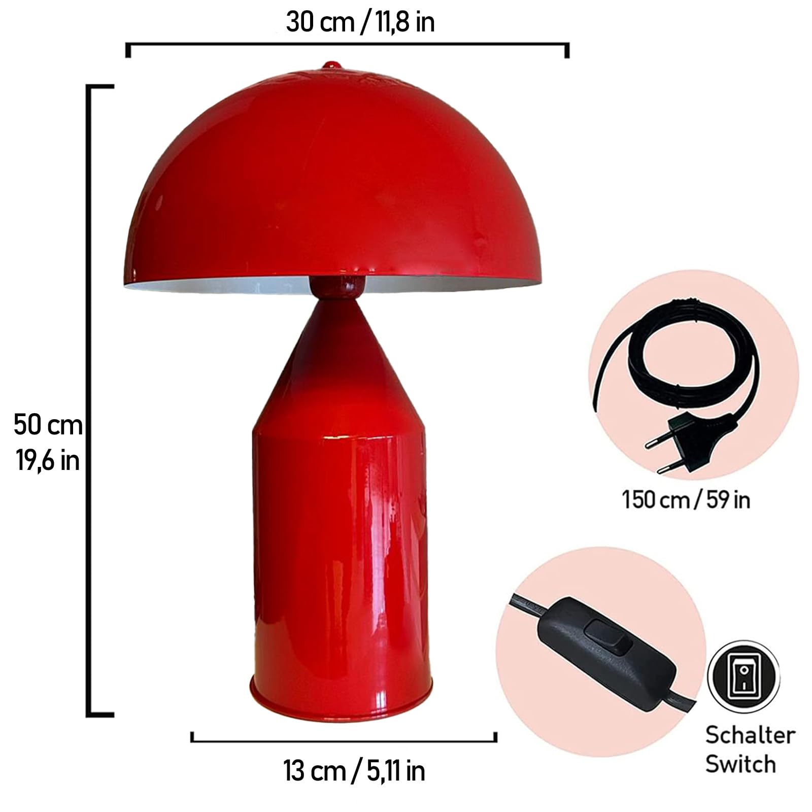 bamyum Lipeo Tischlampe Retro, Pilz Lampe Klein Rot, Pilzleuchte, Tischlampe mit Kabel, Retro Nachttischlampe, Vintage Tischleuchte Rot, Pilzlampen Wohnzimmer, Nachttischleuchte