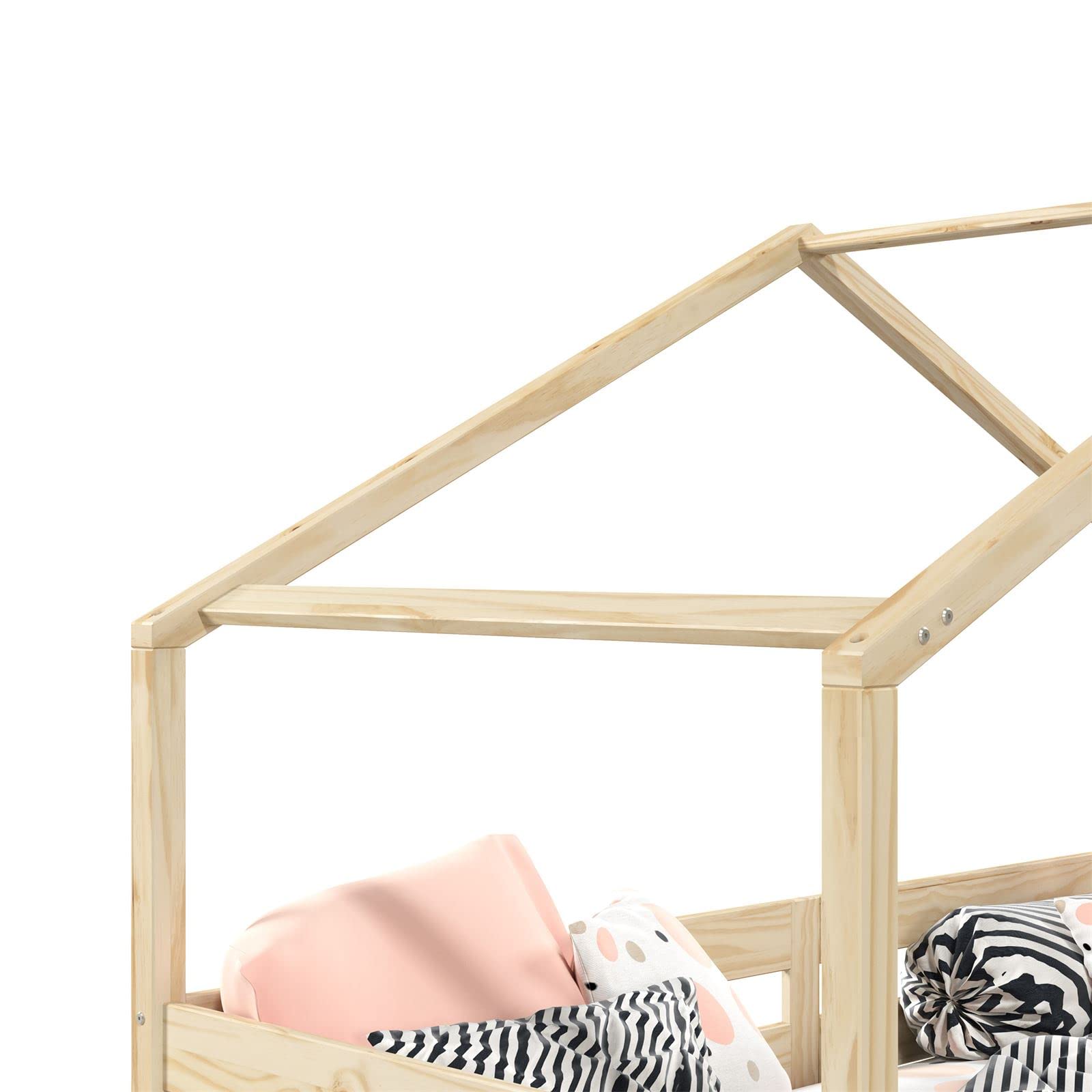 IDIMEX Hausbett ENA aus massiver Kiefer, schönes Montessoribett in 90 x 200 cm, Kinderbett mit Rausfallschutz, stabiles Spielbet mit Dach und 2 Schubladen in Natur