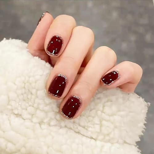 Uñas postizas cortas a presión, uñas postizas cuadradas color rojo vino con purpurina, uñas postizas de otoño e invierno, uñas acrílicas brillantes,