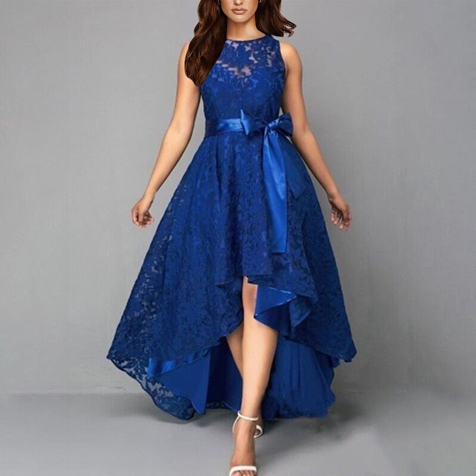 Damen Kleid Elegant Damen Spitzenkleid Schulterfrei Spitze Patchwork Asymmetrisches Rüschen Lang Kleider mit Gürtel Einfarbig Schwingen Cocktailkleid Abendkleider für Hochzeit Ballkleider