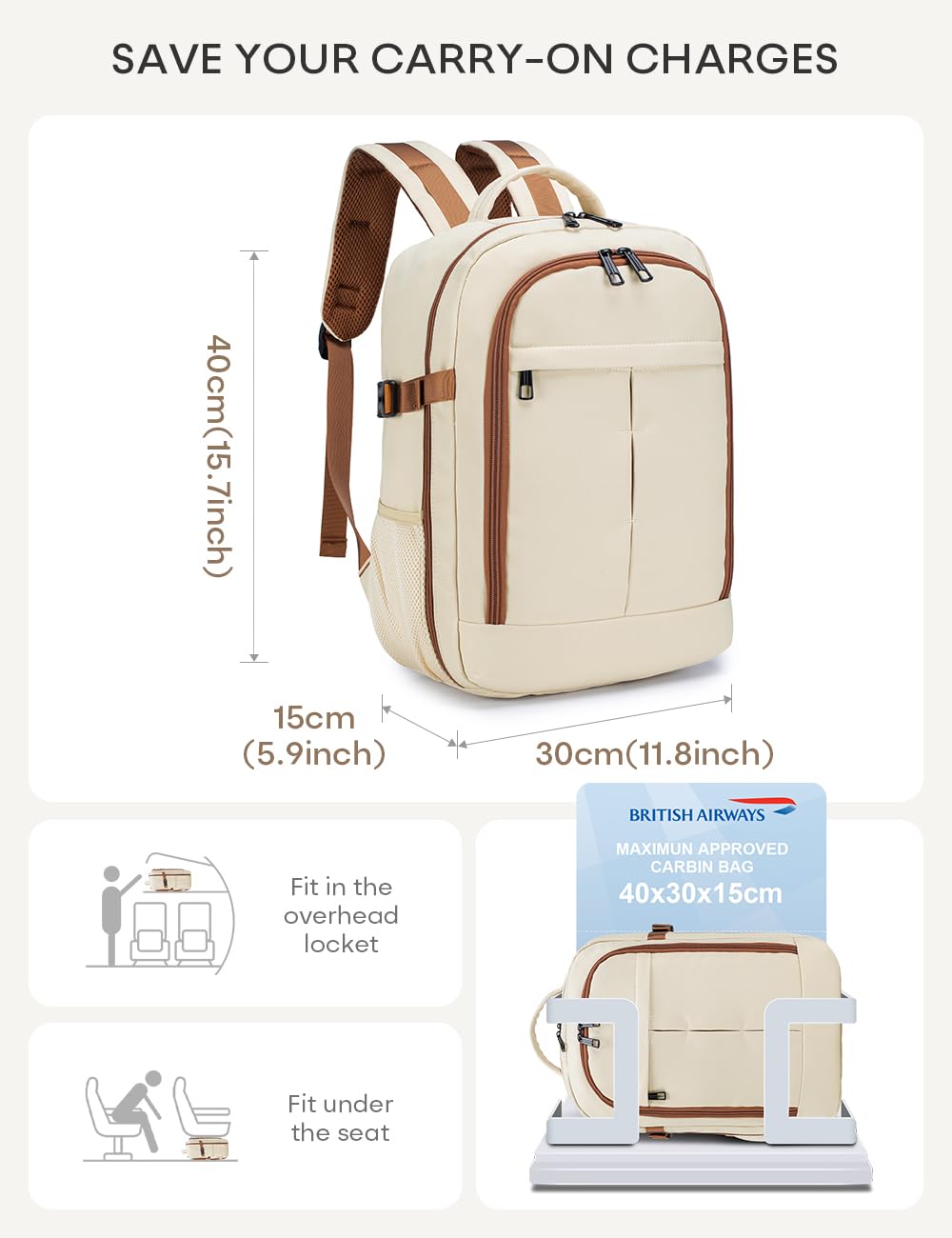 BAGZY Mochila 40x30x15 Iberia Mochila Avion Air France British Airways Equipaje de Mano 30x40x15 20L Mochilas de Viaje Cabina Mochilas Impermeable para Ordenador Portáti 14 Pulgadas Hombre Mujer Beis