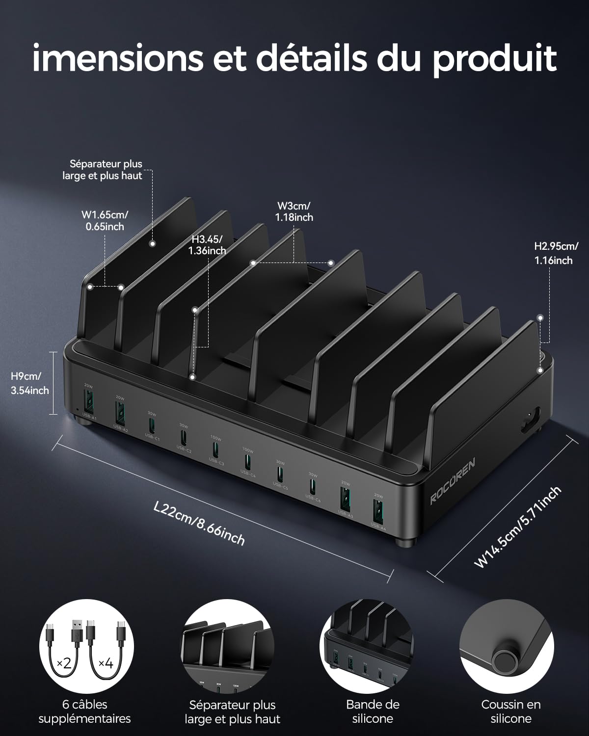 Station de Charge Multi-appareils Rocoren 400W, PD100W Station de Charge USB-C GaN 10 Ports, Chargeur de Bureau avec Charge Rapide, Compatible avec MacBook Pro/Air, iPh0ne et Galaxy