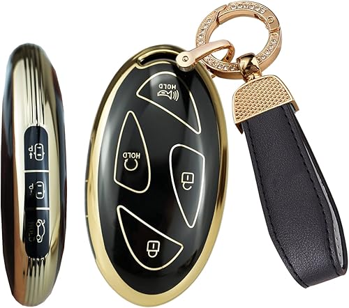 SANRILY Golden-Edge - Funda para llavero de 7 botones para Hyundai Ioniq 6 2023 sin llave, funda completa con llavero de cuero brillante, color negro