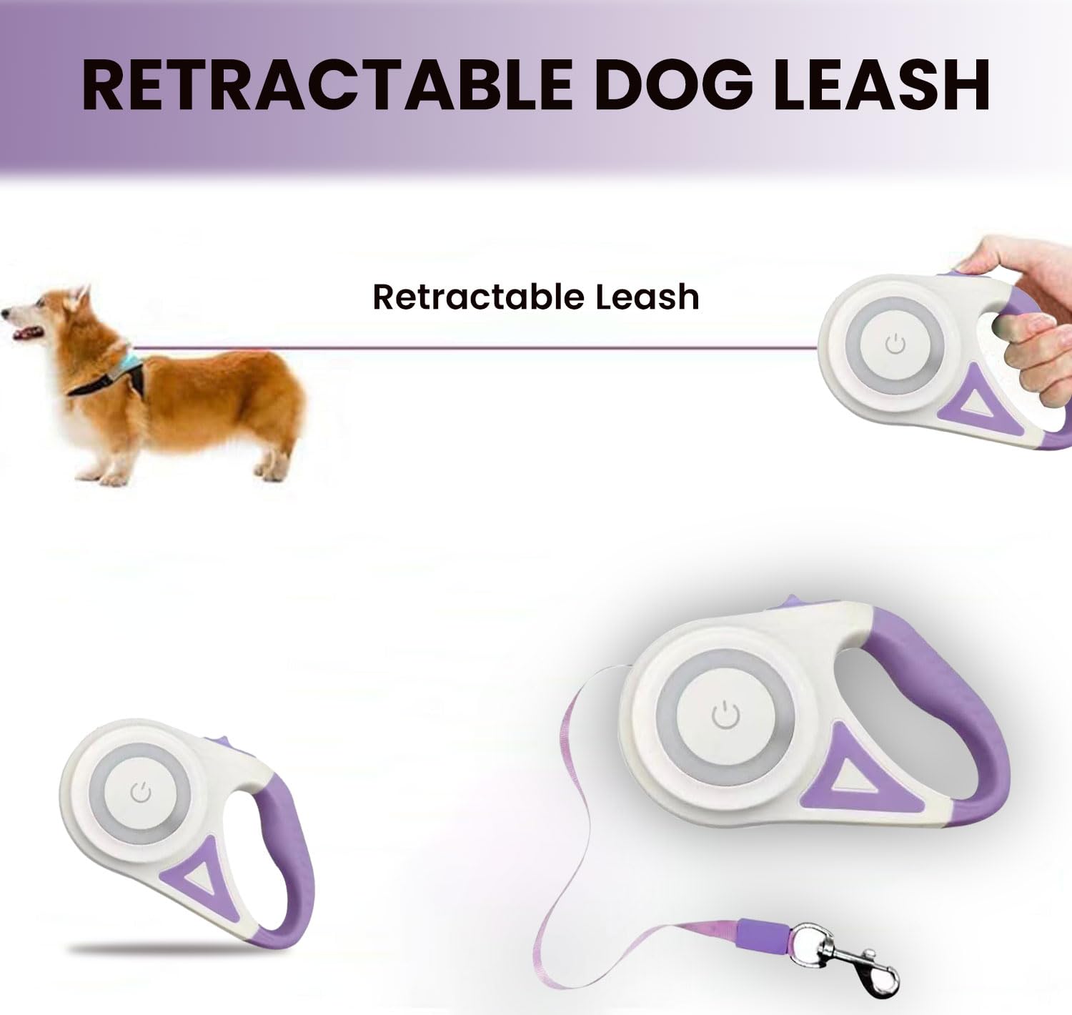 Best Dog Supplies Lot de 4 laisses rétractables violettes pour chien avec lumière, distributeur de sacs à déjections, support de sac à déjections canines, 2 cordes élastiques