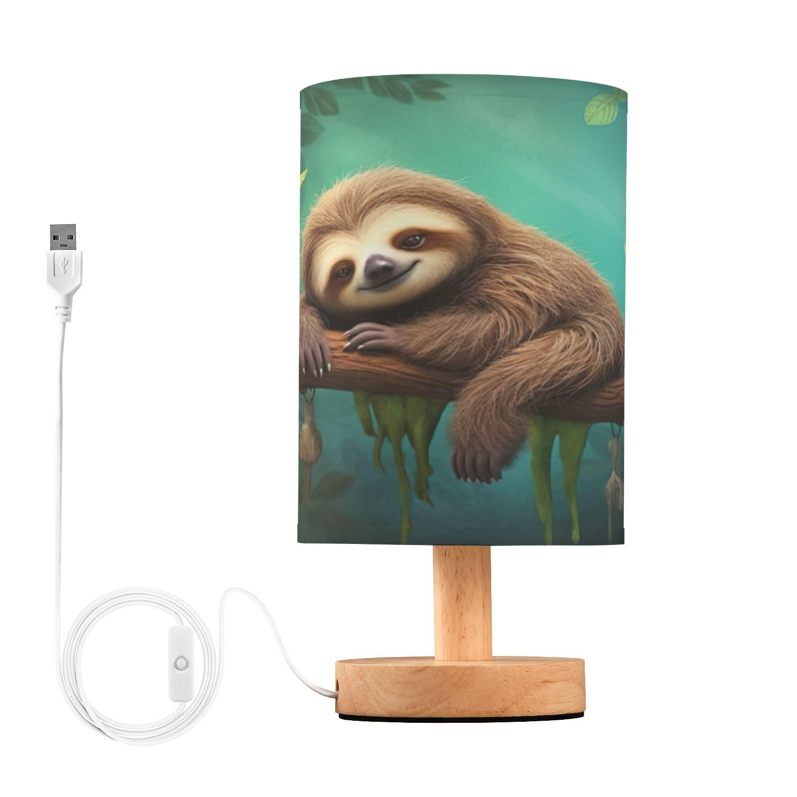 SDMKA Cartoon Sloth Green Bedside Table Lamp for Bedroom, Minimalist Nightstand Lamp with Round Fabric Shade for Living Room, Office, No Bulb Required