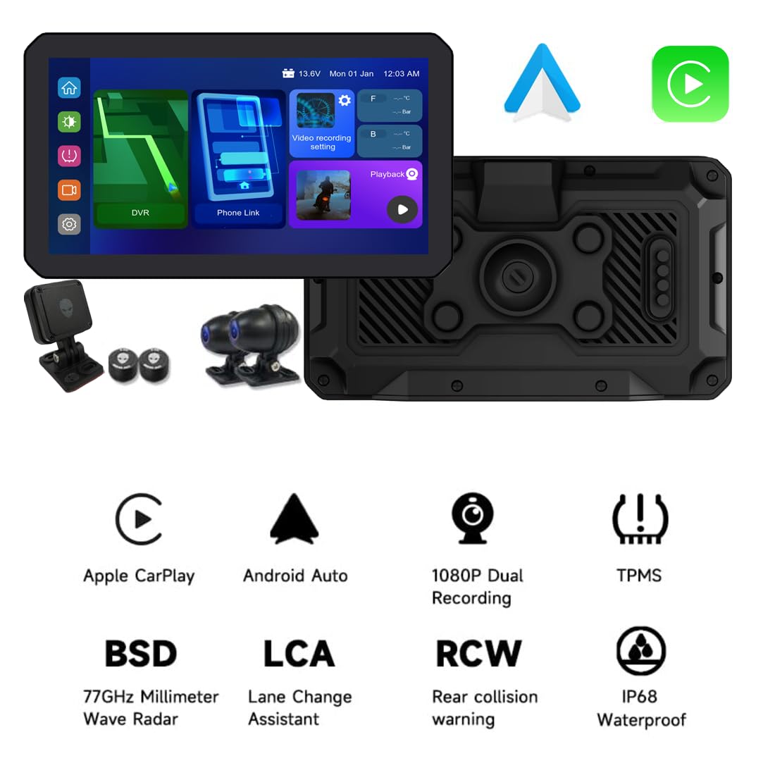 AlienRider M12S Motorcycle 77G Millimeter Wave Radar Blind Spot Warning,Dash cam Front and Rear,Wireless CarPlay/Android Auto,Wired Remote,Night Vision,TPMS,G-Sensor,1080P(Host+Tpms+Cameras+Radar)
