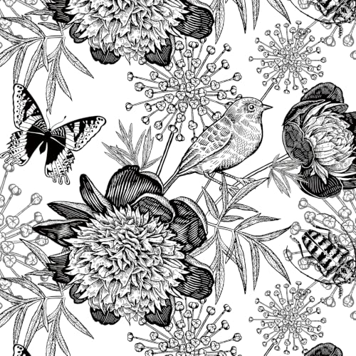 LaCheery Black and White Floral Wallpaper Peel and Stick Vintage Butterfly Bird Flower Wallpaper Black and White Floral Contact Paper Boho Wall Paper for Bathroom Walls Cabinets Drawers Roll 17.5"x79"