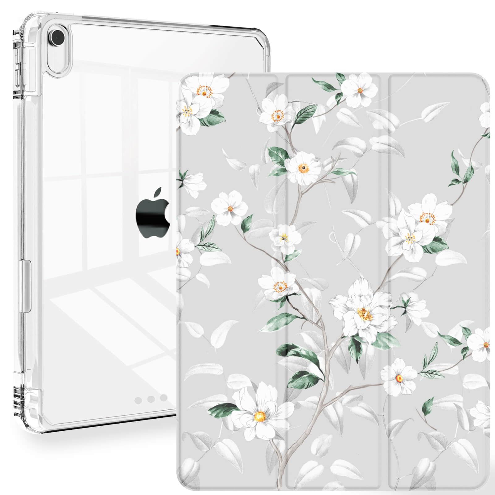 iPad Air 5th Generation case, Feams Slim Trifold iPad Air 5th/4th Generation 10.9 Inch 2022/2020 Case Clear Back Cover with Auto Sleep/Wake & Pencil Holder for iPad Air 5/4, White Flower